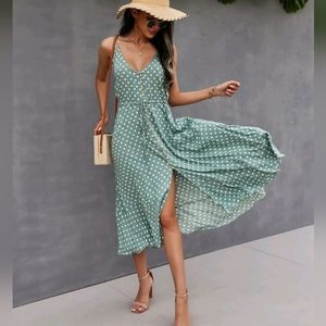 New Boho Flowy Polka Dot Button Front Cami Dress Midi Green White
